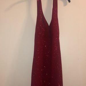 Long halter top sparkly red prom dress